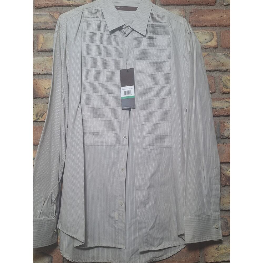 Perry Ellis Shirt Mens L Pleated Bib Front Tuxedo Striped Dress Cotton - NWT